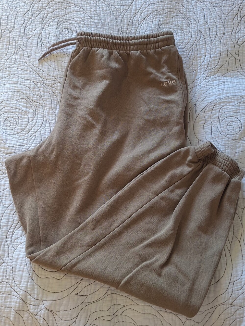 XL H&M Taupe Track Joggers with "Love" Embroidery
